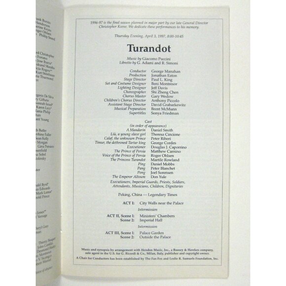 New City Opera Stagebill 1997 Lincoln Center Turandot Puccini Manahan Rowland - Picture 8 of 10